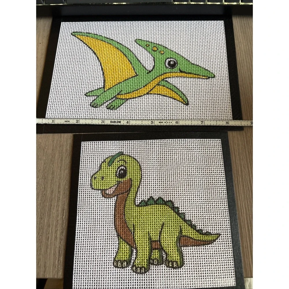 Lot Of 2 Hand Painted Green Dinosaur Needlepoints Canvases 14 Mesh